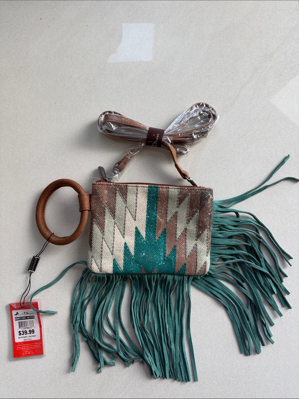 Montana West Teal and Brown Aztec Fringe Wristlet Crossbody